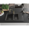 Mexen Gaspar granite sink 1.5-bowl with drainer and Aster kitchen faucet, black speckled - 6507-76-73450-57-B