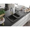 Mexen Gaspar granite sink 1.5-bowl with drainer and Aster kitchen faucet, black speckled - 6507-76-73450-57-B