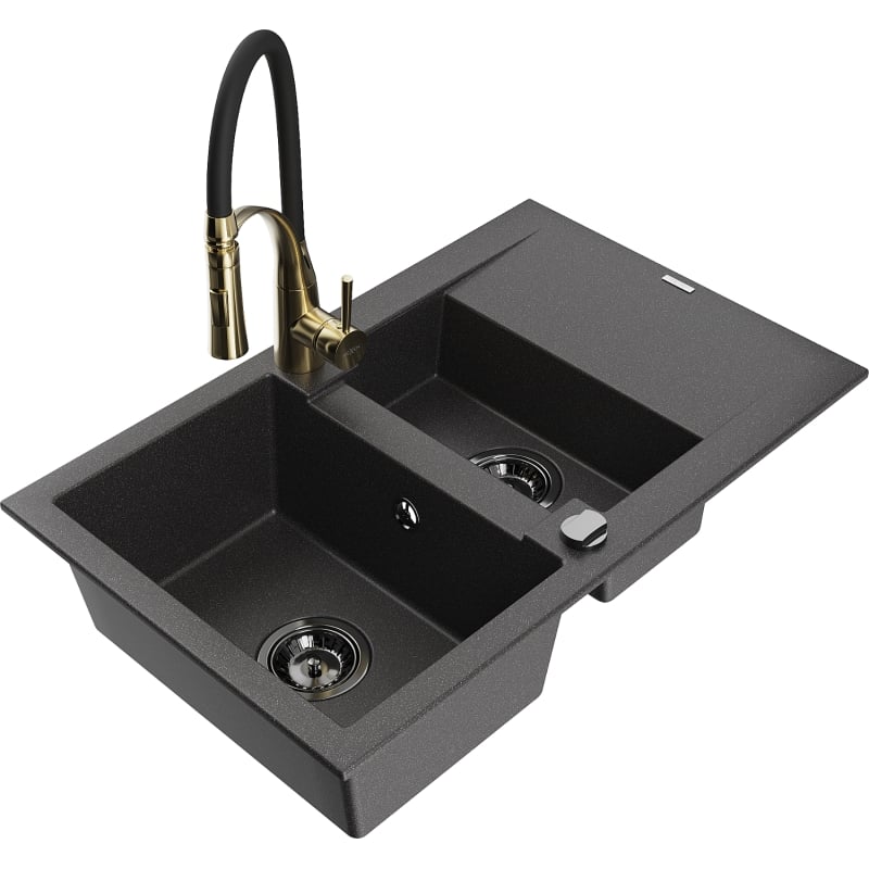 Mexen Gaspar granite kitchen sink 1.5-bowl with drainer and Aster kitchen faucet, black speckled - 6507-76-73450-57-B