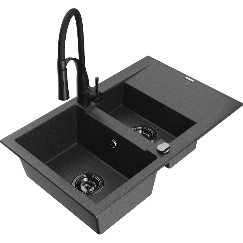 Mexen Gaspar granite sink 1.5-bowl with drainer and Aster kitchen tap, speckled black - 6507-76-73450-70-B