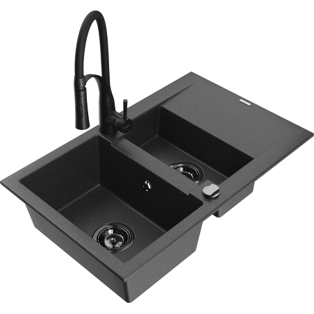 Mexen Gaspar 1.5-bowl granite sink with drainer and Aster kitchen faucet, black speckled - 6507-76-73450-70-B
