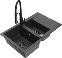 Mexen Gaspar 1.5-bowl granite sink with drainer and Aster kitchen faucet, black speckled - 6507-76-73450-70-B