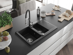 Mexen Gaspar granite sink 1.5-bowl with drainer and Aster kitchen faucet, black - 6507-77-73450-07
