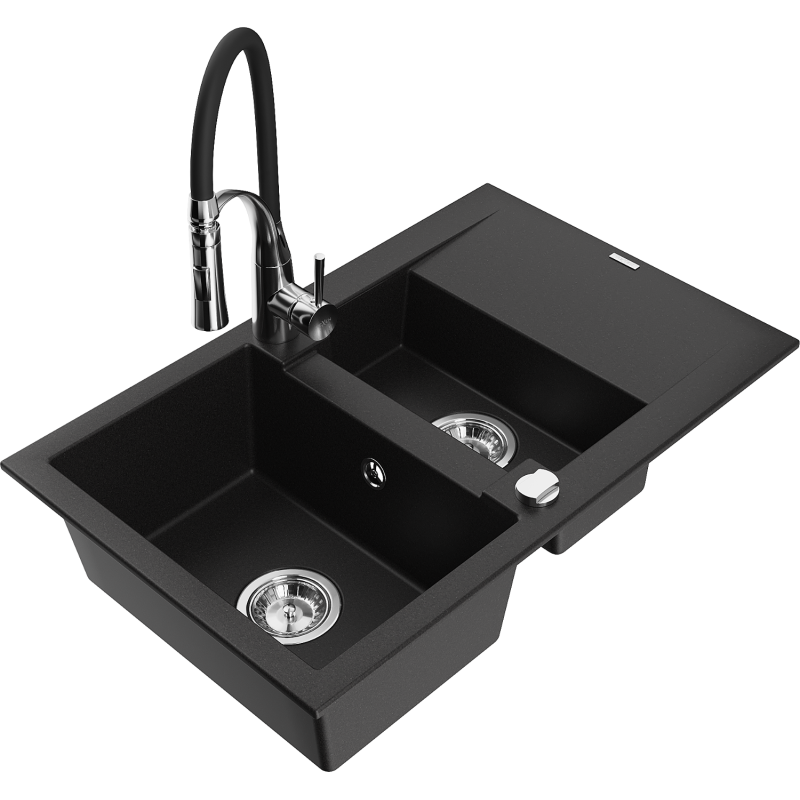 Mexen Gaspar granite sink 1.5-bowl with drainer and Aster kitchen tap, black - 6507-77-73450-07