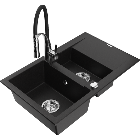 Mexen Gaspar granite sink 1.5-bowl with drainer and Aster kitchen faucet, black - 6507-77-73450-07