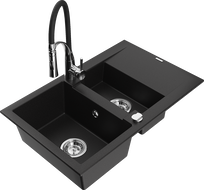 Mexen Gaspar granite sink 1.5-bowl with drainer and Aster kitchen faucet, black - 6507-77-73450-07