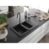 Mexen Gaspar granite sink 1.5-bowl with drainer and Aster kitchen faucet, black - 6507-77-73450-07-B