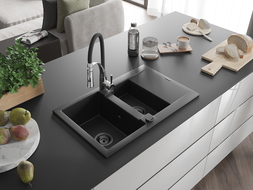 Mexen Gaspar granite sink 1.5-bowl with drainer and Aster kitchen tap, black - 6507-77-73450-07-B