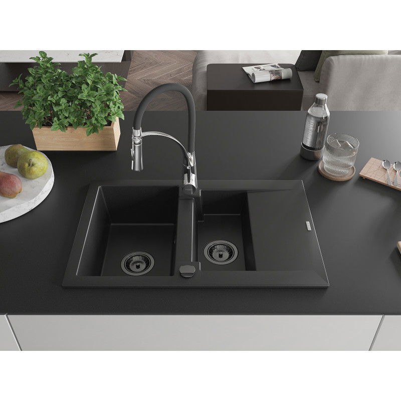 Mexen Gaspar granite sink 1.5-bowl with drainer and Aster kitchen tap, black - 6507-77-73450-07-B