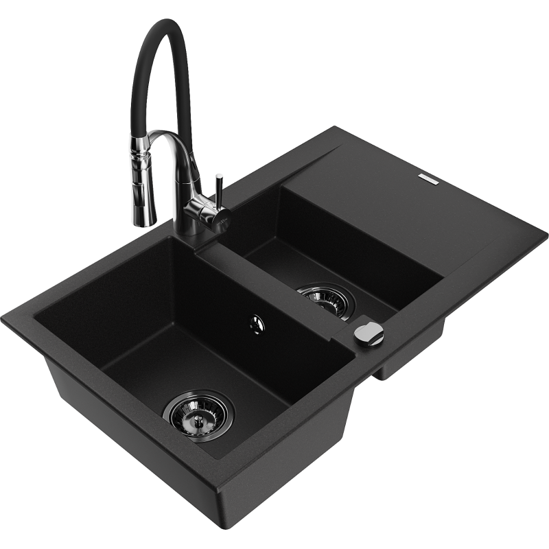 Mexen Gaspar 1.5-compartment granite sink with a drip tray and kitchen mixer tap Aster, Black - 6507-77-73450-07-B
