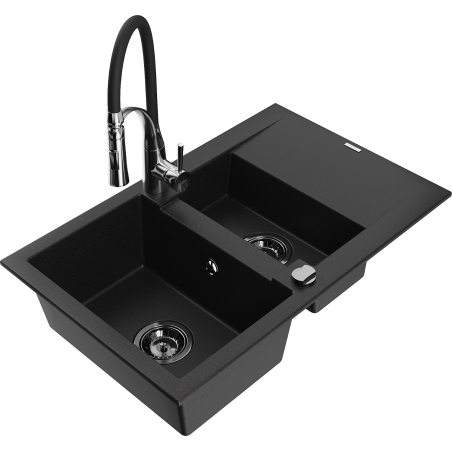 Mexen Gaspar 1.5-compartment granite sink with a drip tray and kitchen mixer tap Aster, Black - 6507-77-73450-07-B