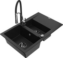 Mexen Gaspar granite sink 1.5-bowl with drainer and Aster kitchen tap, black - 6507-77-73450-07-B
