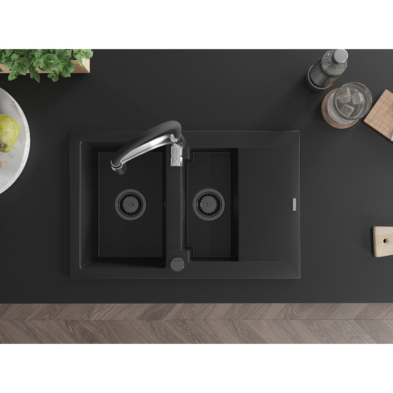 Mexen Gaspar granite sink 1.5-bowl with drainer and Aster kitchen faucet, black - 6507-77-73450-07-B
