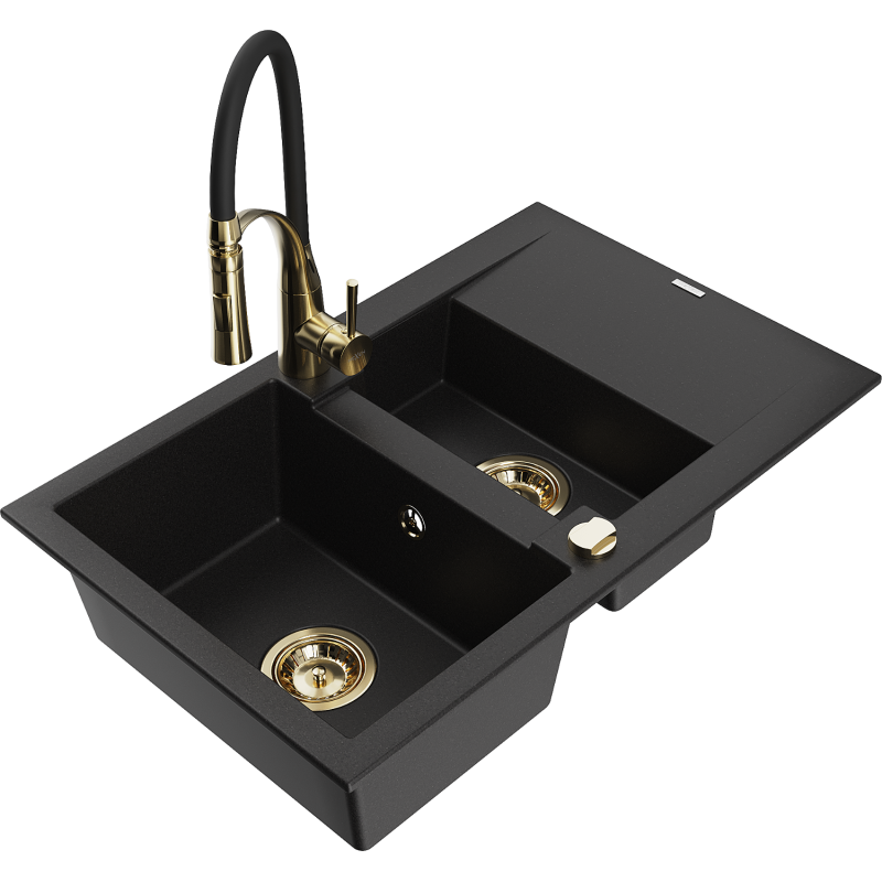 Mexen Gaspar granite sink 1.5-bowl with drainer and Aster kitchen tap, black - 6507-77-73450-57-G