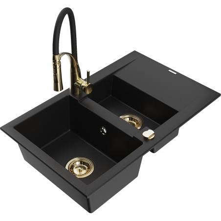 Mexen Gaspar granite sink 1.5-bowl with drainer and Aster kitchen faucet, black - 6507-77-73450-57-G
