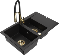 Mexen Gaspar granite sink 1.5-bowl with drainer and Aster kitchen faucet, black - 6507-77-73450-57-G