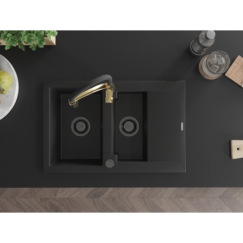 Mexen Gaspar 1.5-bowl granite kitchen sink with drainer and Aster kitchen faucet, black - 6507-77-73450-57-B