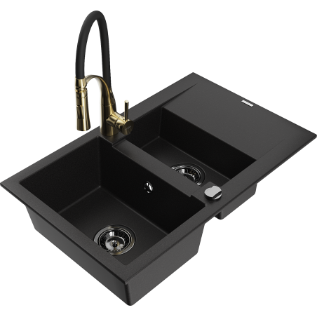 Mexen Gaspar 1.5-bowl granite kitchen sink with drainer and Aster kitchen faucet, black - 6507-77-73450-57-B