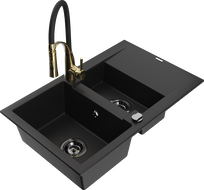 Mexen Gaspar 1.5-bowl granite sink with drainer and Aster kitchen tap, black - 6507-77-73450-57-B