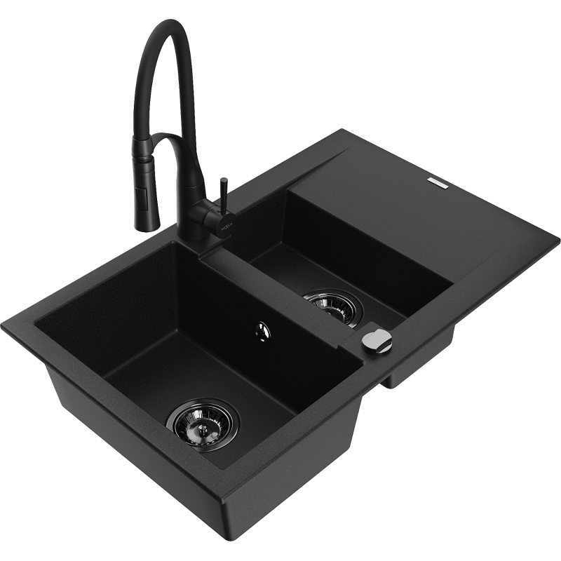 Mexen Gaspar 1.5-compartment granite sink with a drip tray and kitchen mixer tap Aster, Black - 6507-77-73450-70-B
