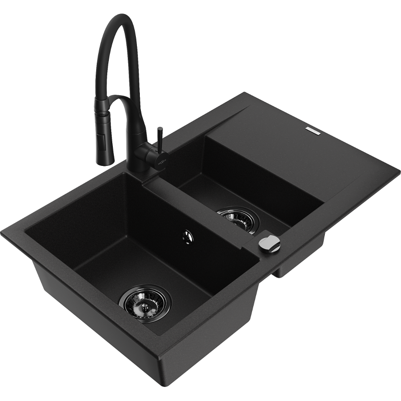 Mexen Gaspar granite sink 1.5-bowl with drainer and Aster kitchen tap, black - 6507-77-73450-70-B