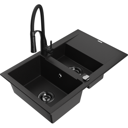 Mexen Gaspar granite sink 1.5-bowl with drainer and Aster kitchen faucet, black - 6507-77-73450-70-B