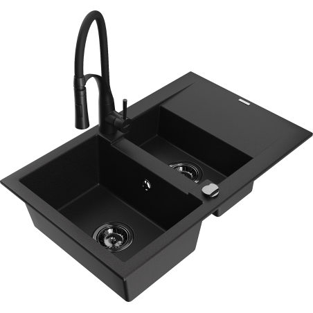 Mexen Gaspar granite sink 1.5-bowl with drainer and Aster kitchen tap, black - 6507-77-73450-70-B
