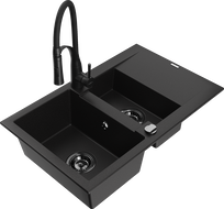 Mexen Gaspar granite sink 1.5-bowl with drainer and Aster kitchen faucet, black - 6507-77-73450-70-B