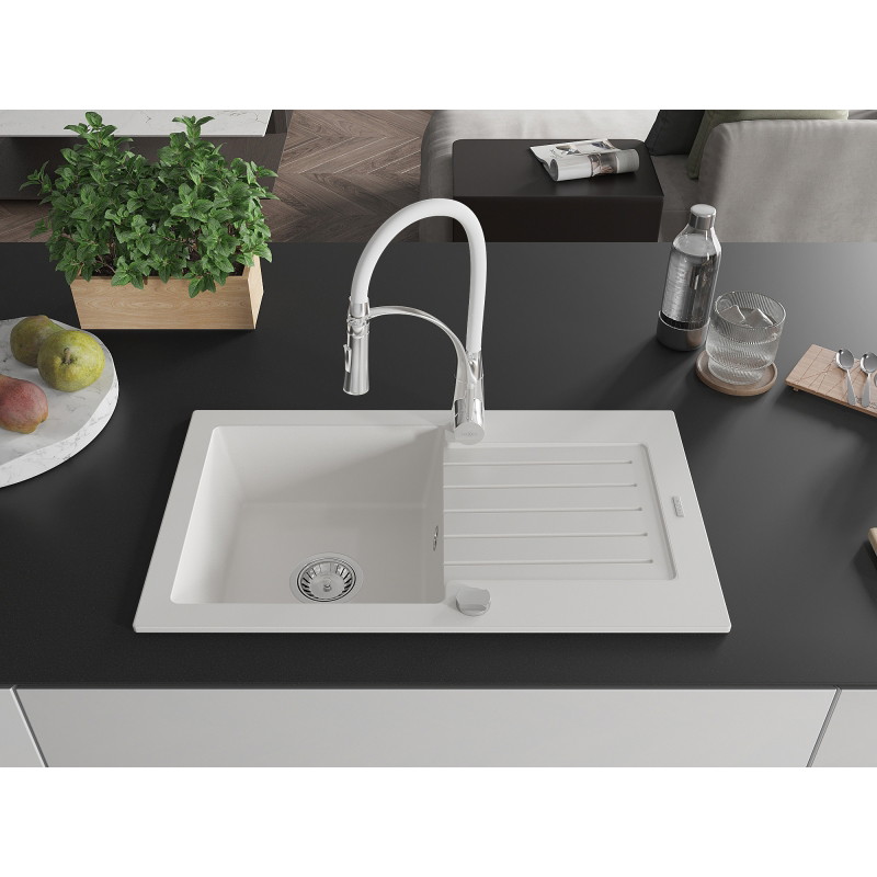 Mexen Pablo 1-bowl granite sink with drainer and Aster kitchen faucet, white - 6510-20-73450-02