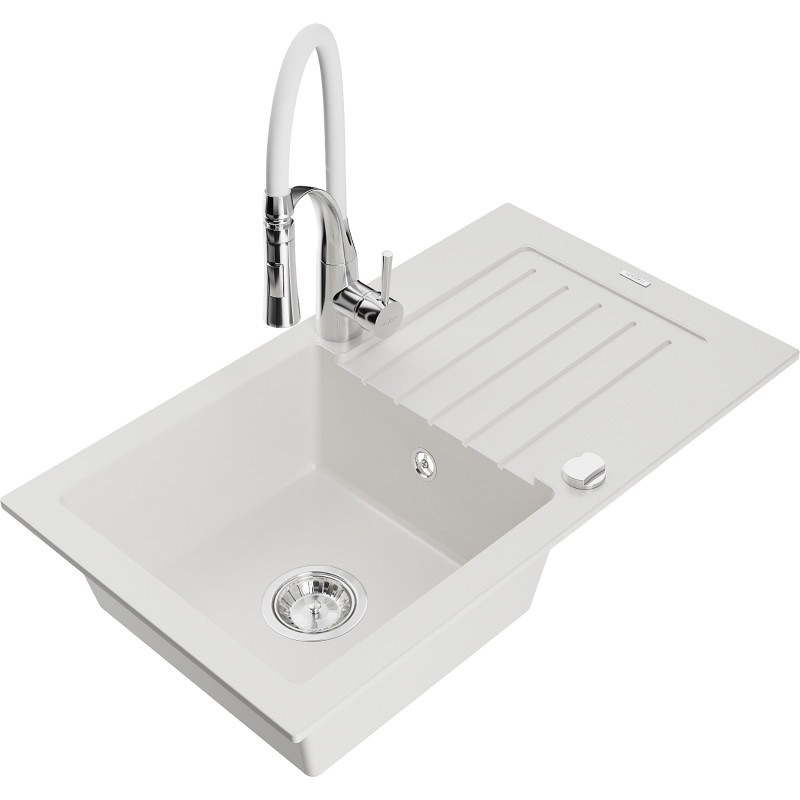 Mexen Pablo 1-bowl granite sink with drainer and kitchen faucet Aster, white - 6510-20-73450-02