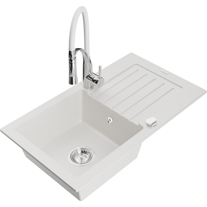 Mexen Pablo granite sink 1-bowl with drainer and Aster kitchen tap, white - 6510-20-73450-02