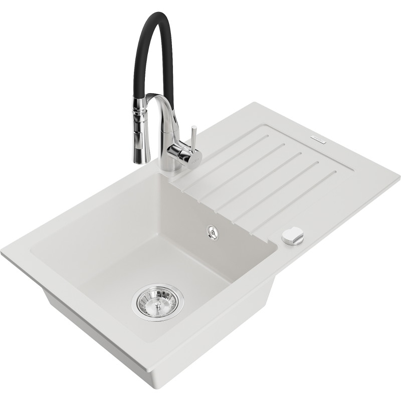 Mexen Pablo granite single-bowl sink with drainer and kitchen faucet Aster, white - 6510-20-73450-07