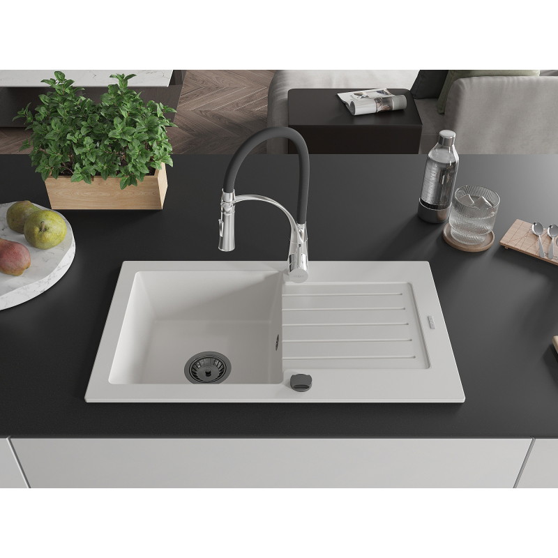 Mexen Pablo granite 1-bowl kitchen sink with drainer and Aster kitchen faucet, white - 6510-20-73450-07-B