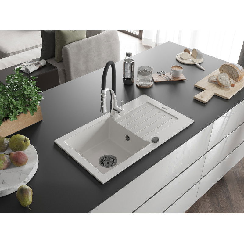Mexen Pablo granite sink 1-bowl with drainer and Aster kitchen tap, white - 6510-20-73450-07-B