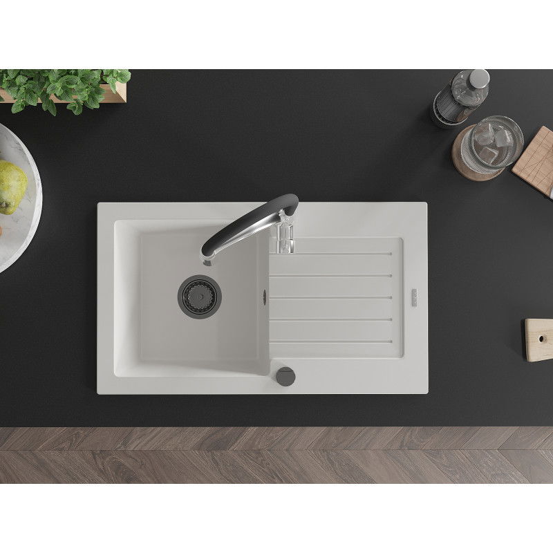 Mexen Pablo granite sink 1-bowl with drainer and Aster kitchen tap, white - 6510-20-73450-07-B