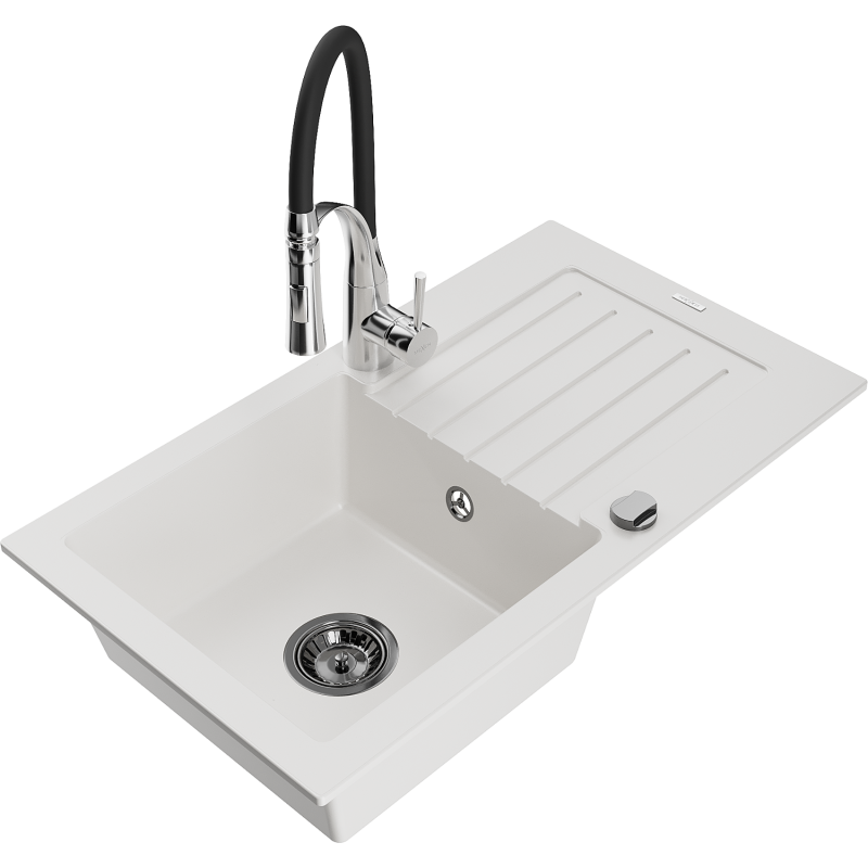 Mexen Pablo 1-compartment granite sink with a drip tray and kitchen mixer tap Aster, White - 6510-20-73450-07-B