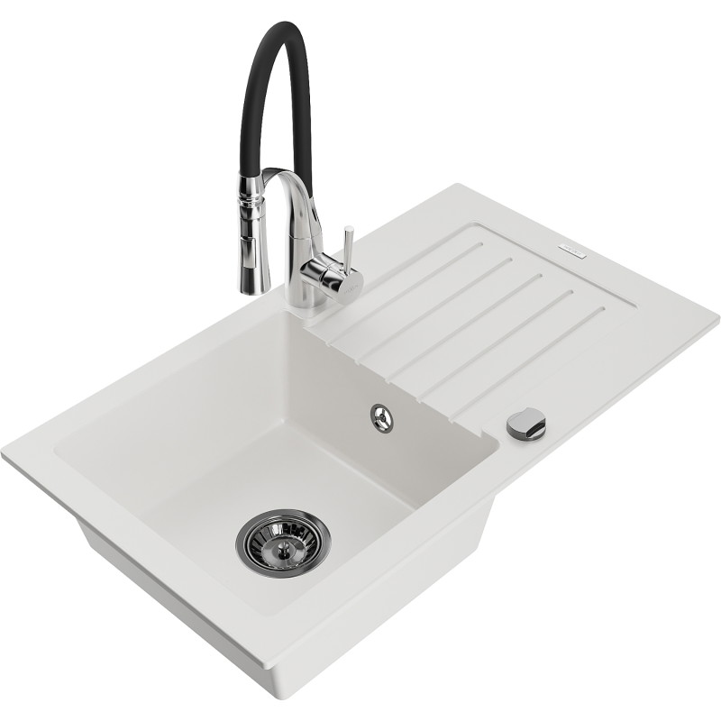 Mexen Pablo granit sink 1-chamber with drainer and Aster kitchen faucet, white - 6510-20-73450-07-B