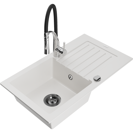 Mexen Pablo granite sink 1-bowl with drainer and Aster kitchen tap, white - 6510-20-73450-07-B