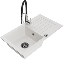 Mexen Pablo granite sink 1-bowl with drainer and Aster kitchen tap, white - 6510-20-73450-07-B