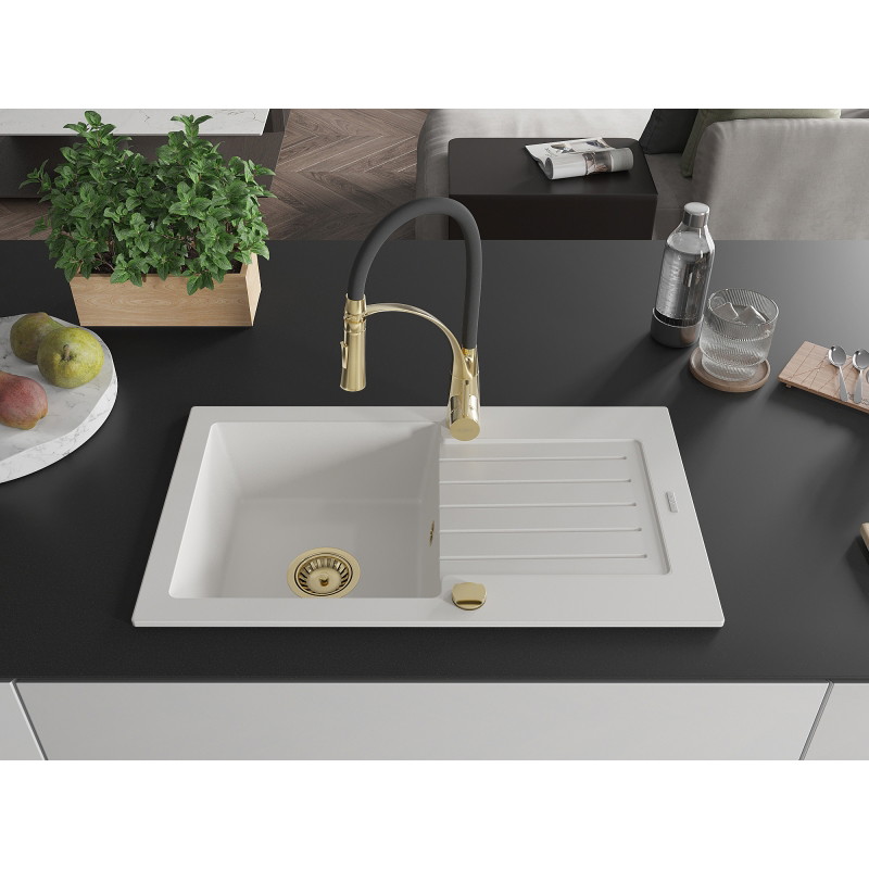 Mexen Pablo single-bowl granite sink with drainer and Aster kitchen faucet, white - 6510-20-73450-57-G