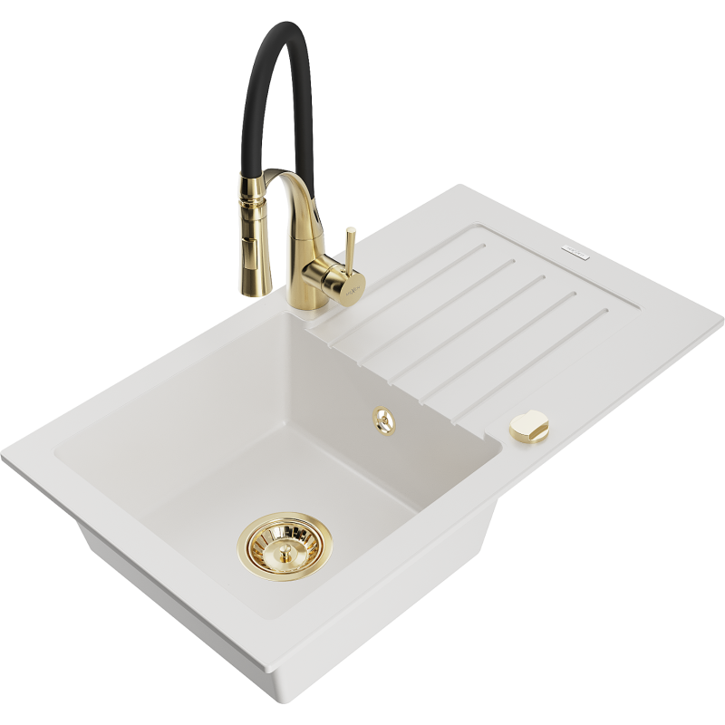 Mexen Pablo 1-compartment granite sink with a drip tray and kitchen mixer tap Aster, White - 6510-20-73450-57-G