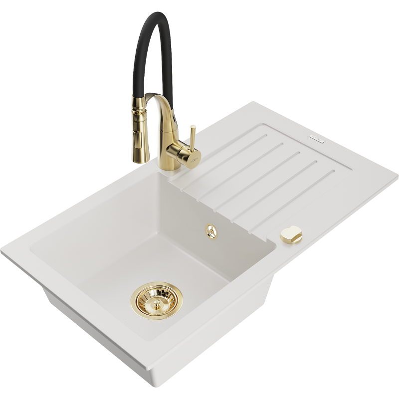 Mexen Pablo granite sink 1-bowl with drainer and Aster kitchen tap, white - 6510-20-73450-57-G