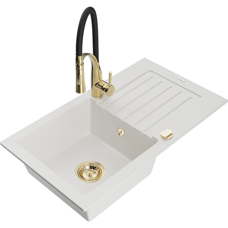 Mexen Pablo single-bowl granite sink with drainer and Aster kitchen faucet, white - 6510-20-73450-57-G