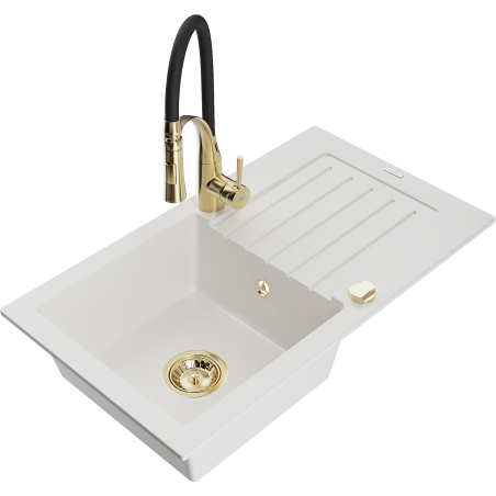 Mexen Pablo 1-bowl granite sink with drainer and Aster kitchen faucet, white - 6510-20-73450-57-G