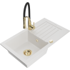Mexen Pablo 1-bowl granite sink with drainer and Aster kitchen faucet, white - 6510-20-73450-57-G