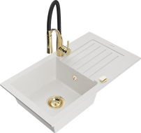 Mexen Pablo single-bowl granite sink with drainer and Aster kitchen faucet, white - 6510-20-73450-57-G