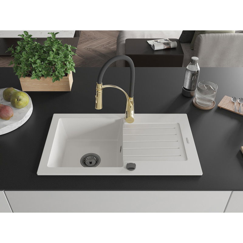 Mexen Pablo 1-bowl granite sink with drainer and Aster kitchen tap, white - 6510-20-73450-57-B