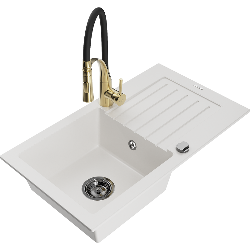 Mexen Pablo 1-compartment granite sink with a drip tray and kitchen mixer tap Aster, White - 6510-20-73450-57-B