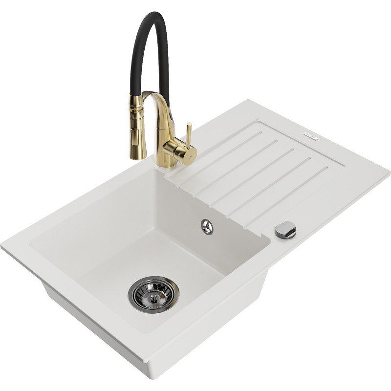 Mexen Pablo granite kitchen sink 1-bowl with drainer and kitchen faucet Aster, white - 6510-20-73450-57-B