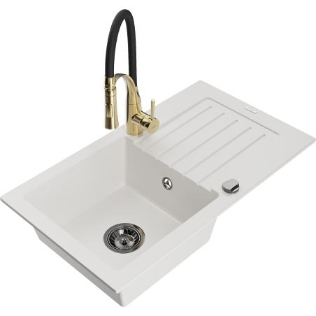 Mexen Pablo 1-compartment granite sink with a drip tray and kitchen mixer tap Aster, White - 6510-20-73450-57-B